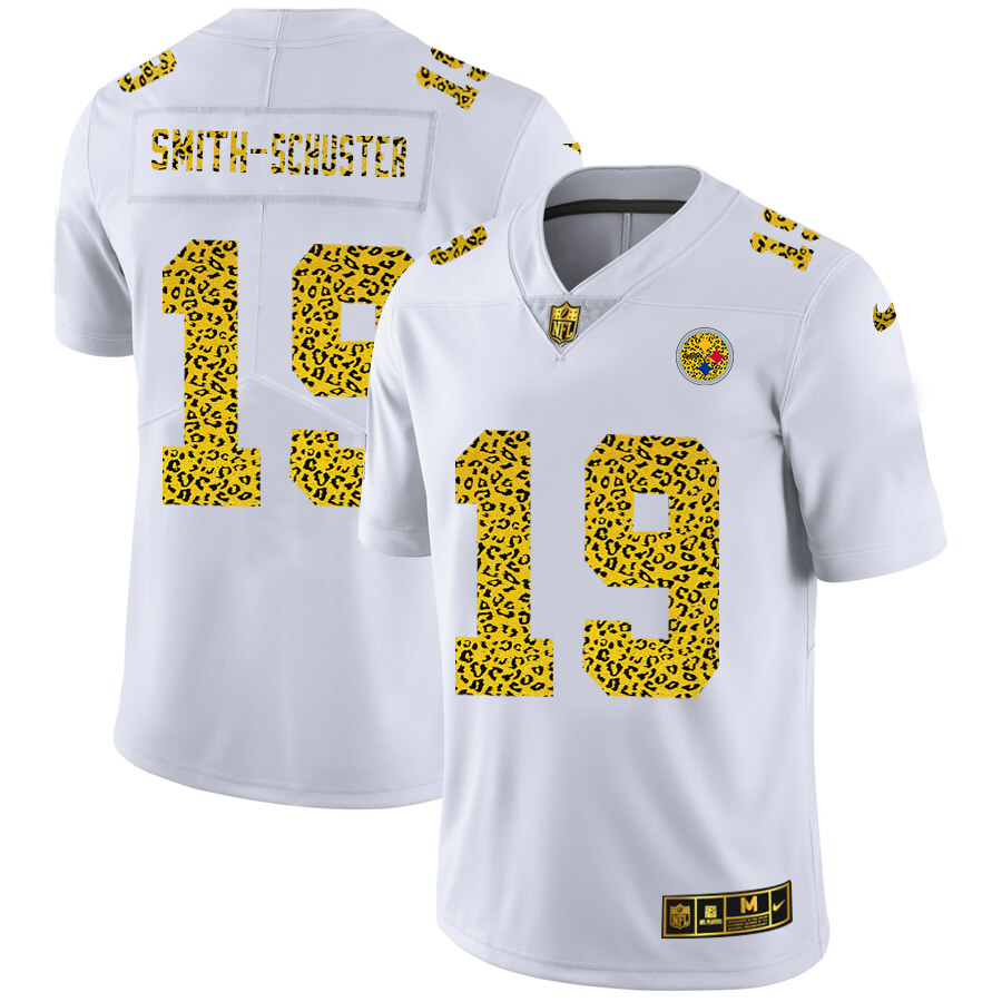 Custom Pittsburgh Steelers 19 JuJu Smith-Schuster Men Nike Flocked Leopard Print Vapor Limited NFL Jersey White